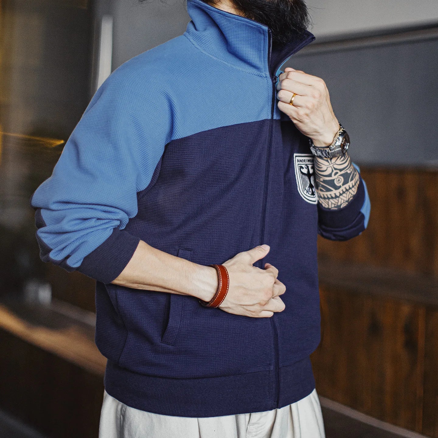 Maden Men's Vintage Contrast Navy Blue Jacket Waffle Knit Training Jacket Breathable Stand Collar Outwear for Spring Fall