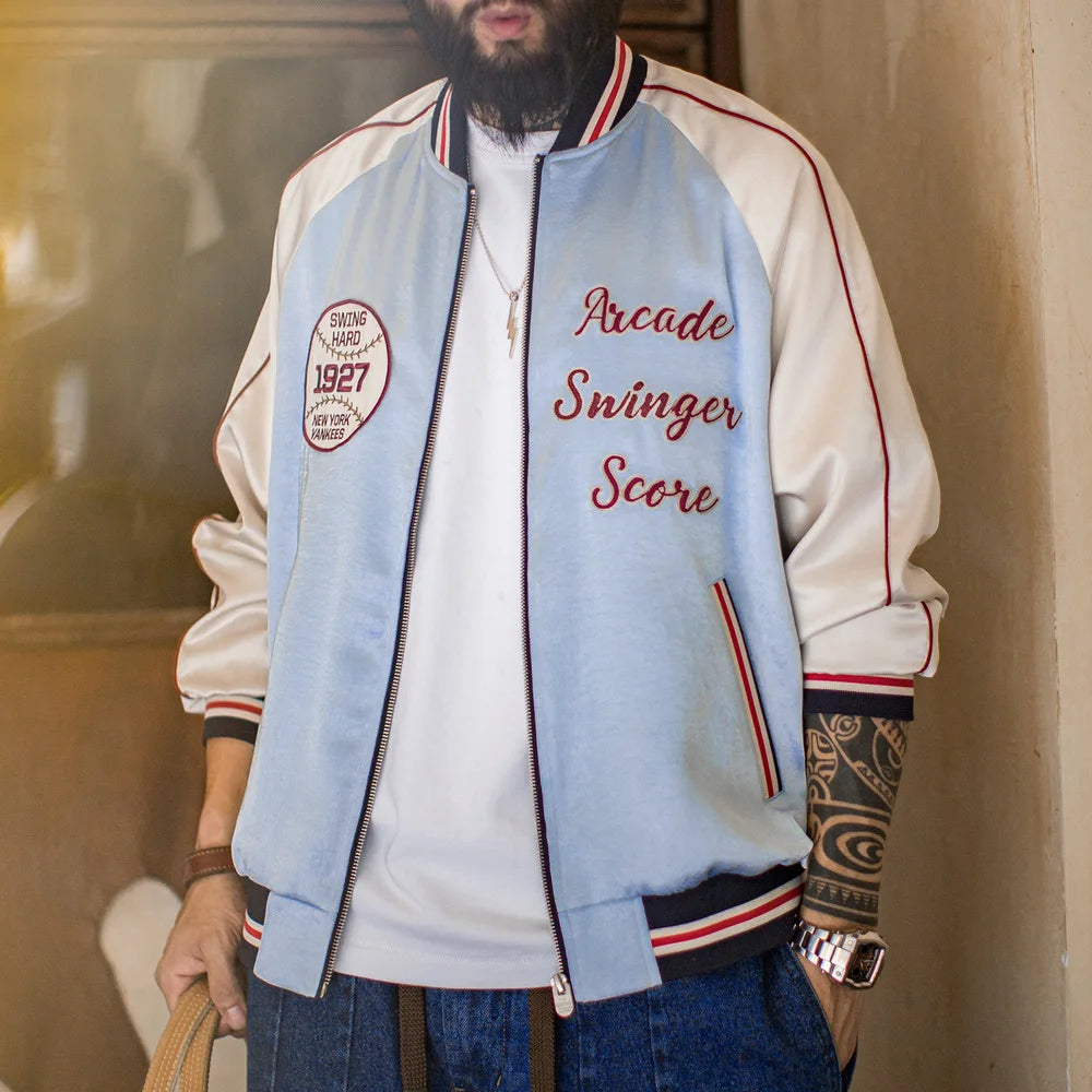 Maden Men Vintage Embroidered Souvenir Jacket Satin Contrast Baseball Bomber Outwear Short Zip-Up Casual Jacket for Spring Fall