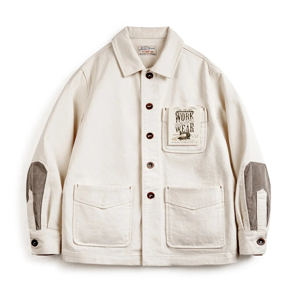 Maden Retro Heavyweight Cotton Jacket with Twill Lapel Sleeves Corduroy Splicing Design Single-Breasted Coat for Men's Autumn