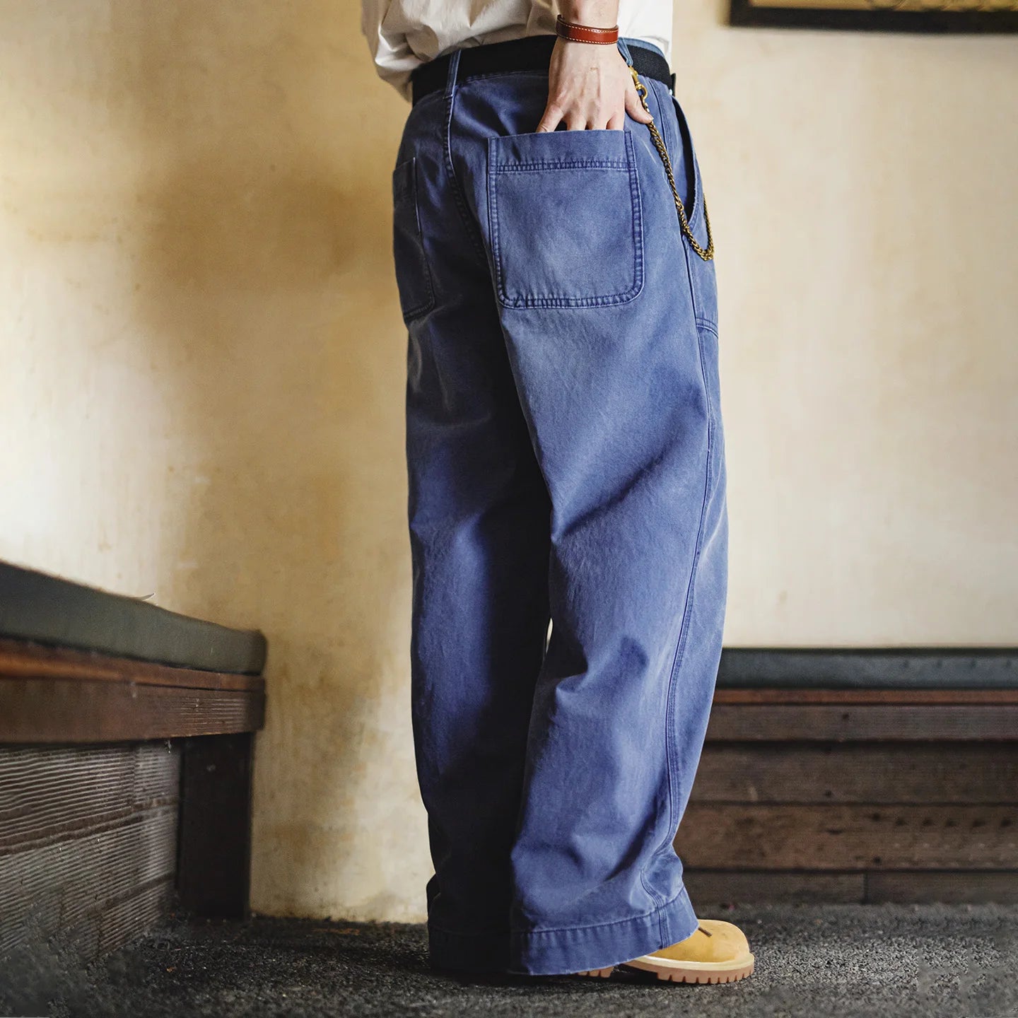 Maden Men‘s Vintage Washed Denim Jeans Blue Cotton Canvas Workwear Zipper Pants Loose Fit Casual Trousers for Spring and Autum