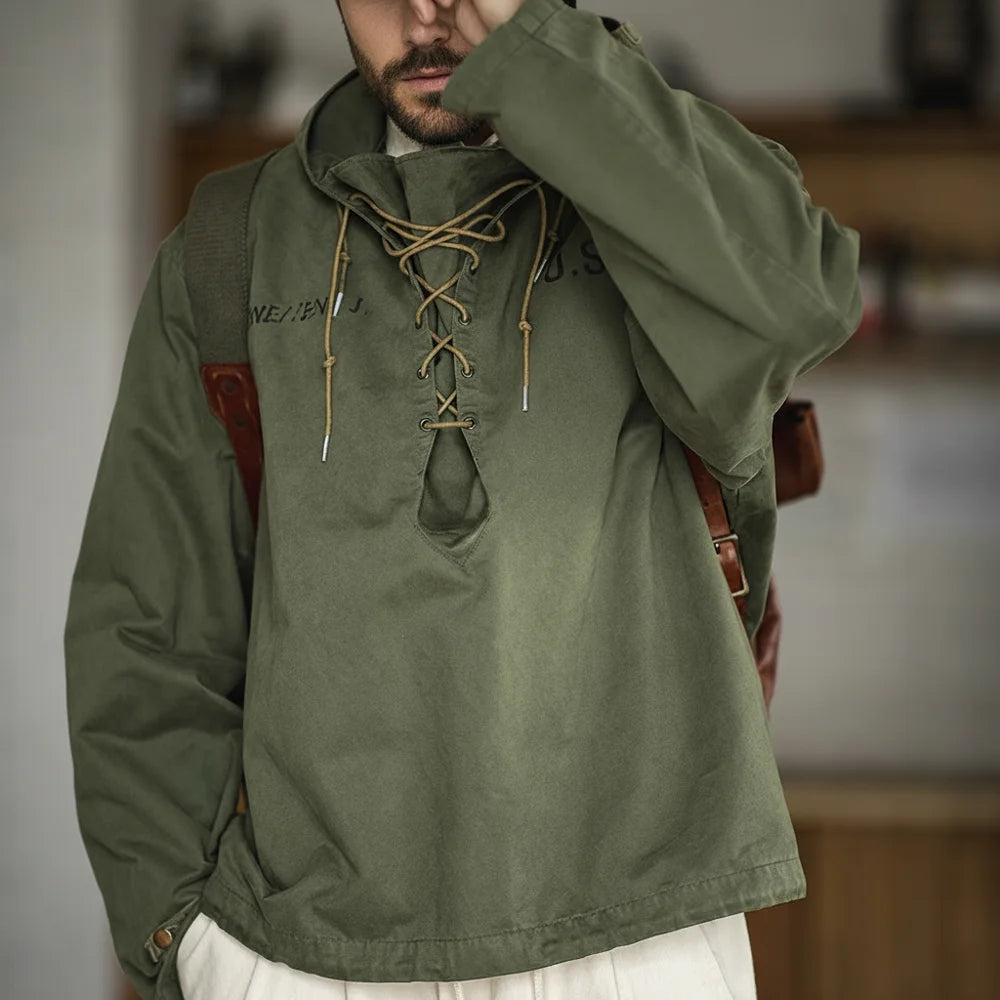 Maden Retro Green Deck Jacket Hooded Sweatshirt wtih Drawstring Collar Cuffs Adjustable Design Windbreaker Pullover for Men