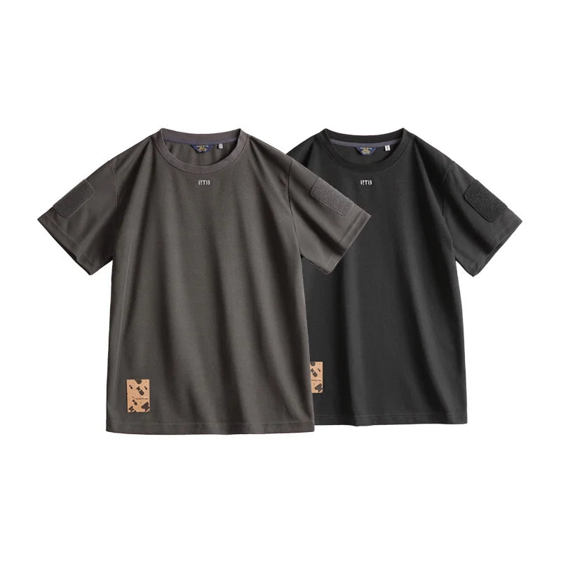 Maden Men's Short Sleeve T-Shirts with Badge attaching Design Breathable Sweat wicking Training Tees Casual Tops for Summer