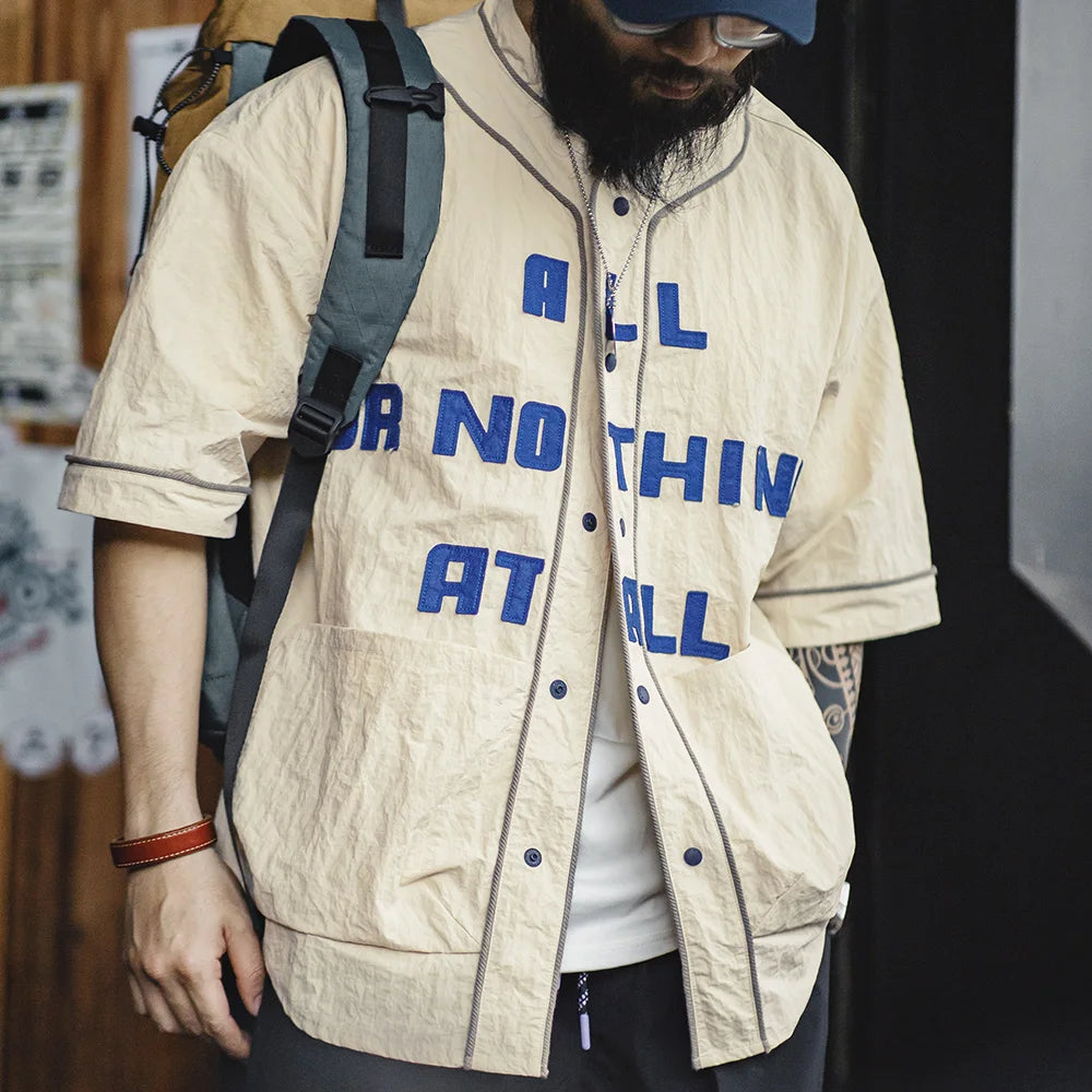 Maden Retro Wrinkled Baseball Collar Shirt Vibe Sports Letter Short-sleeved Cardigan Shirt for Men's Summer Tops