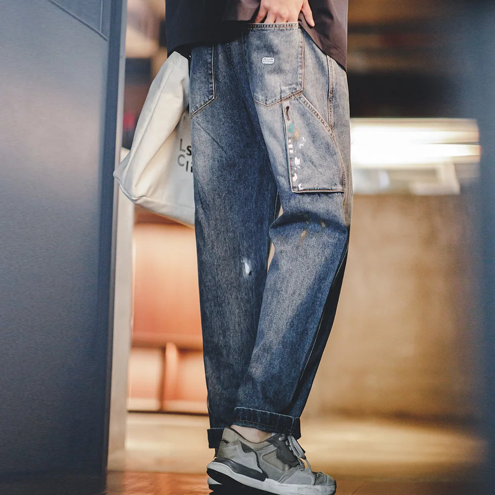 Maden Mens Vintage Ink Graffiti Jeans 9.2OZ Light Blue Wash Straight Pants Hombre Personalized Do Old Casual Jeans Elastic Waist