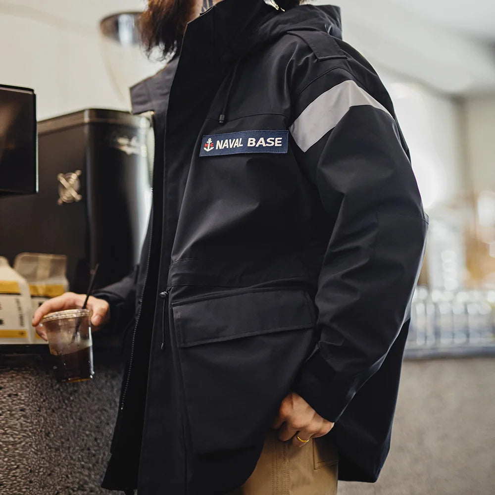 Maden Retro Mid-length Navy Parka Windbreaker Loose Fit Windproof Hooded Jacket Versatile Men's Outerwear for  Autumn and Winter