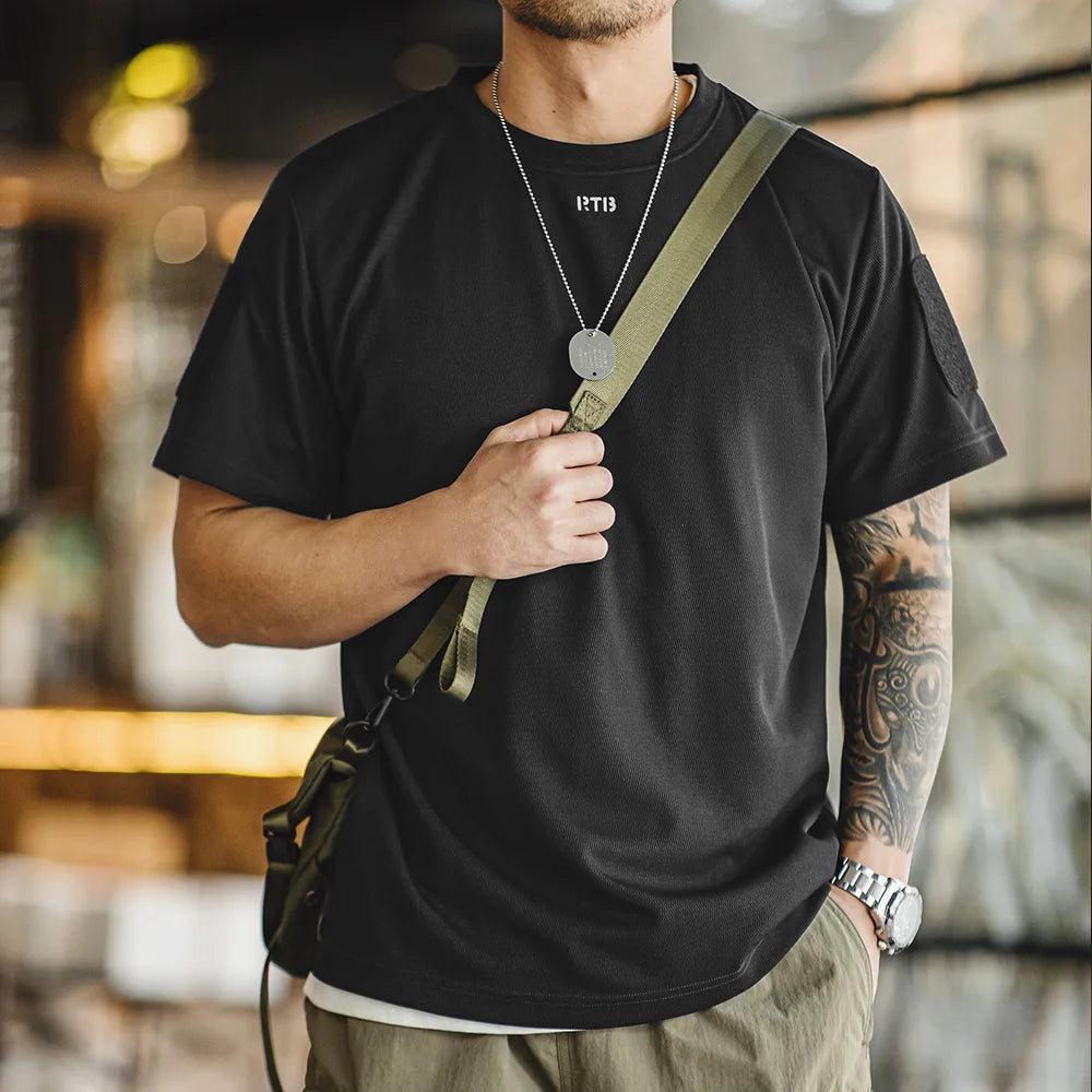 Maden Men's Short Sleeve T-Shirts with Badge attaching Design Breathable Sweat wicking Training Tees Casual Tops for Summer