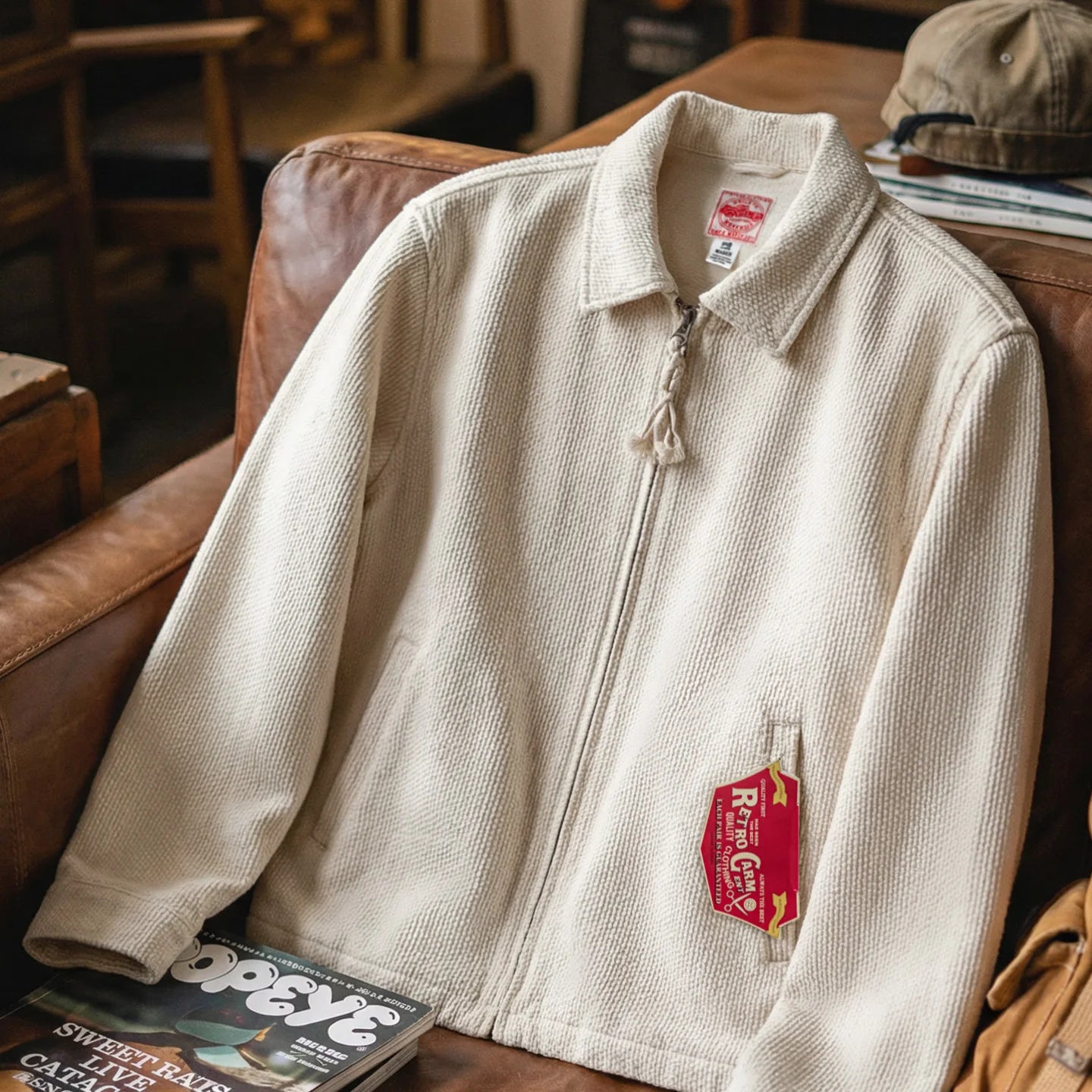 Maden Men's Vintage White Jacket Heavyweight Cotton Turn-Down Collar Zip-Up Short Outwear Canvas Fitted Fit Spring Autumn Coat