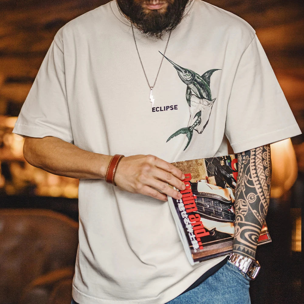 Maden Casual Printed Short Sleeve T-Shirt Men's Summer Loose Fit Heavyweight Cotton Ribbed Round Neck Tee  Versatile Street Tops