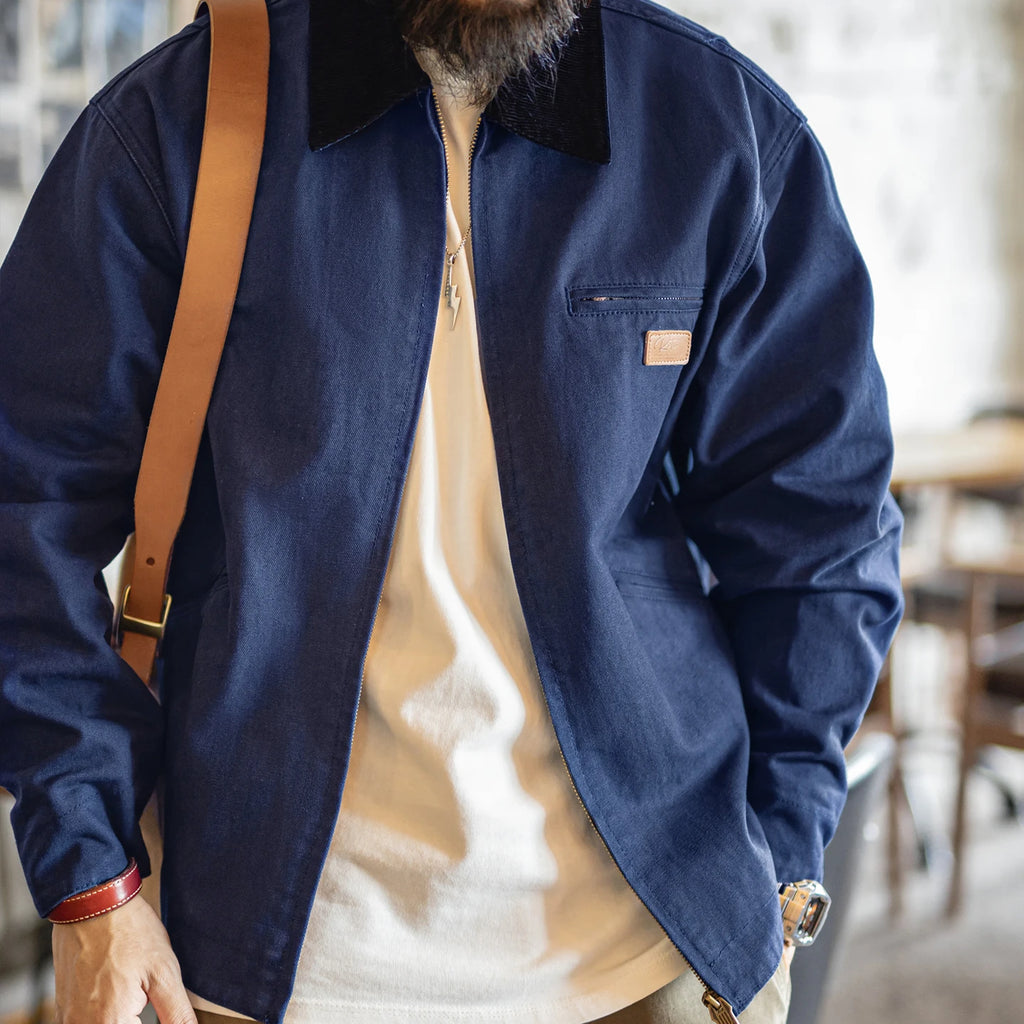 Maden Men's Retro J001 Detroit Jacket Heavyweight Canvas Hunting Coat Lapel Collar Work Jackets with Zipper for Spring Fall