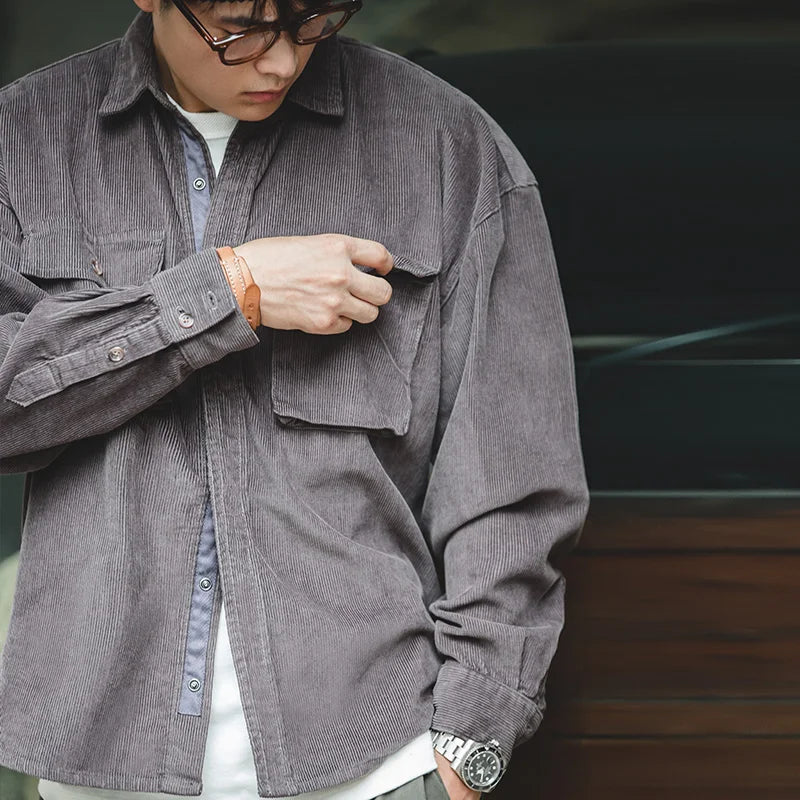 Maden Japanese Retro Loose Jacket Corduroy Lapel Antique Handsome Outer Pocket Thin Shirt Men Autumn