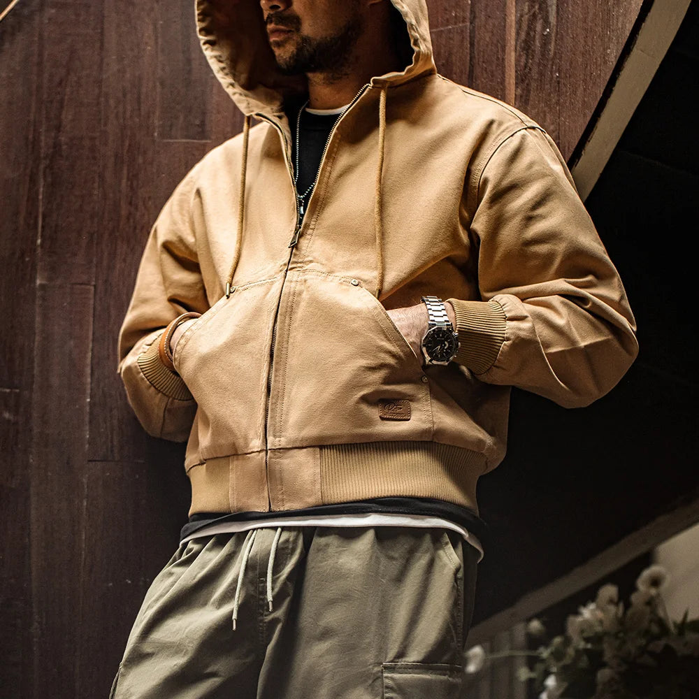Maden Vintage J130 Heavyweight Hooded Jacket Canvas Classic Short Zip Front Solid Color Outerwear for Men Autumn Streetwear Coat