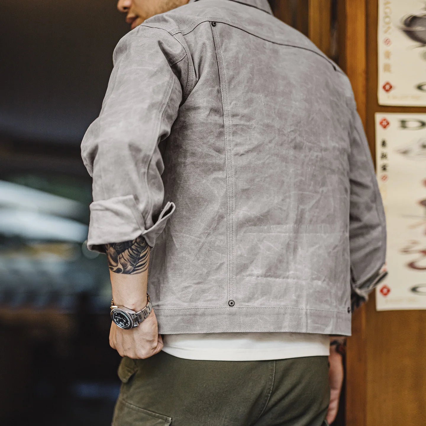 Maden Men's Vintage Oil Waxed Jacket V Waterproof Hunting Coat Double Pleats Grey Canvas Outwear with Patch Pockets for Autumn