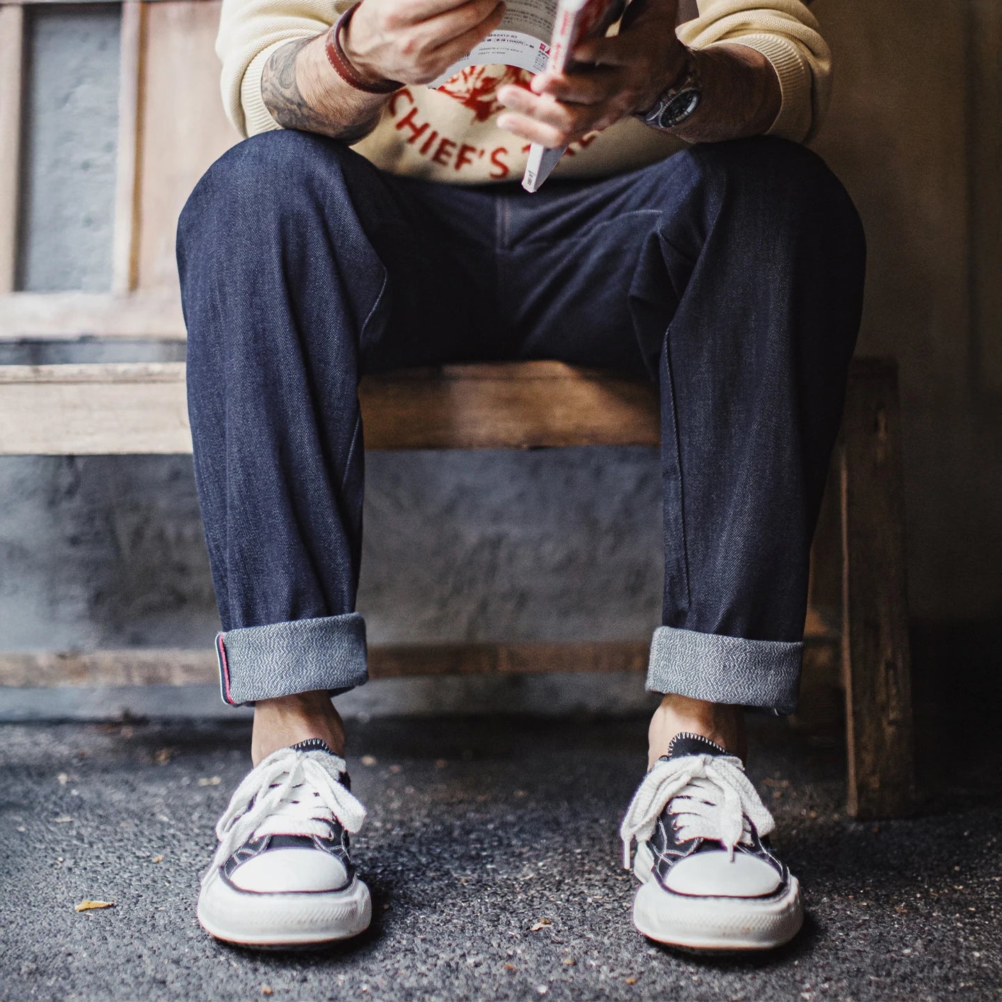 Maden Men's Vintage Selvedge Raw Denim Jeans with Horse Hair Leather Patch 100% Cotton Straight Trousers for Spring Fall Pants