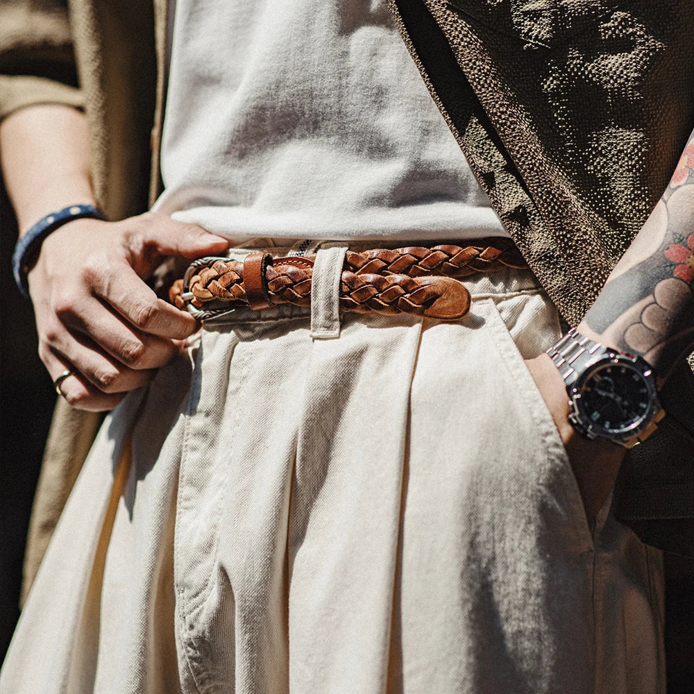 Maden Vintage Woven Vegetable Tanned Cowhide Leather Belt Accessories with Two-layer Cowhide for Men's Versatile Brown Belt