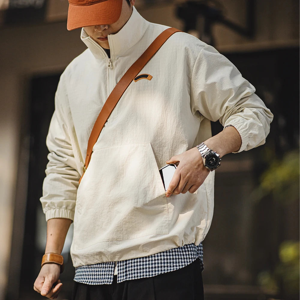 Maden Vintage Half-Zip Stand Collar Pullover Jacket Cityboy Outdoor Hoodie Men Spring Casual Sweatshirt Sporty Urban Streetwear