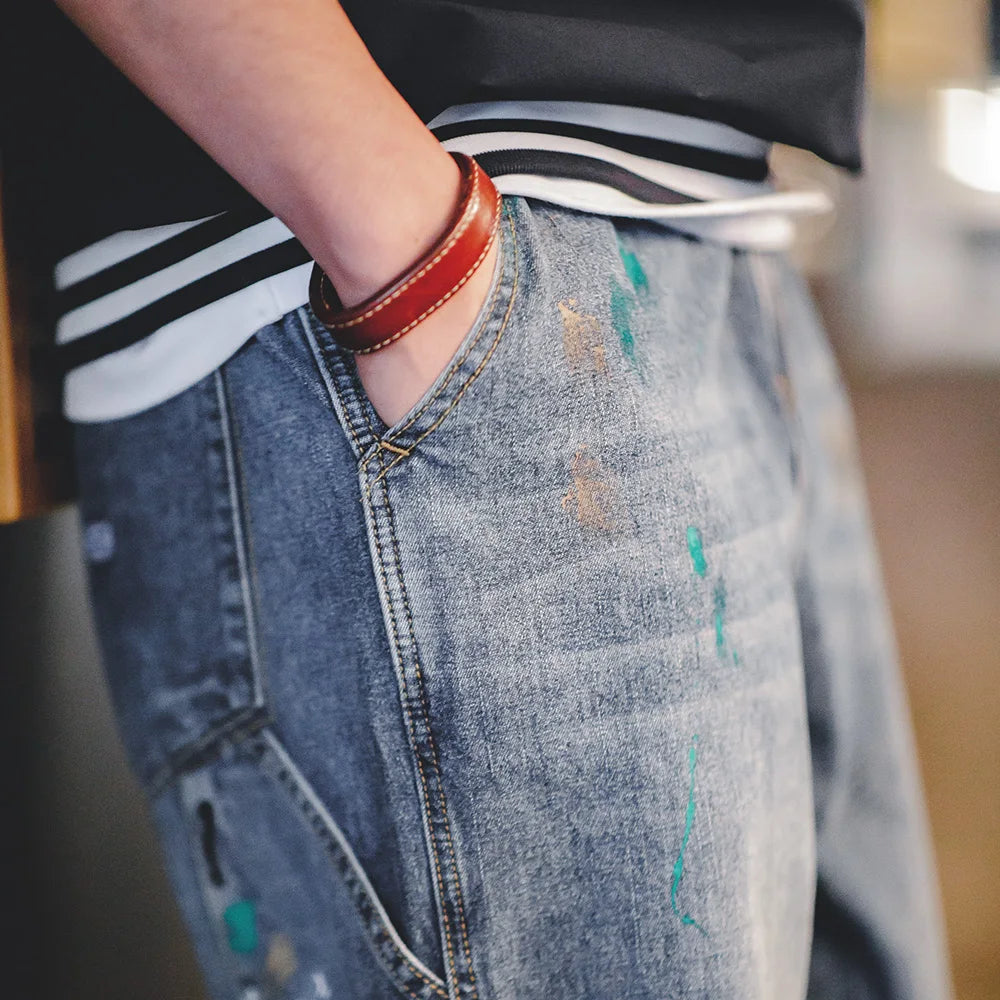 Maden Mens Vintage Ink Graffiti Jeans 9.2OZ Light Blue Wash Straight Pants Hombre Personalized Do Old Casual Jeans Elastic Waist