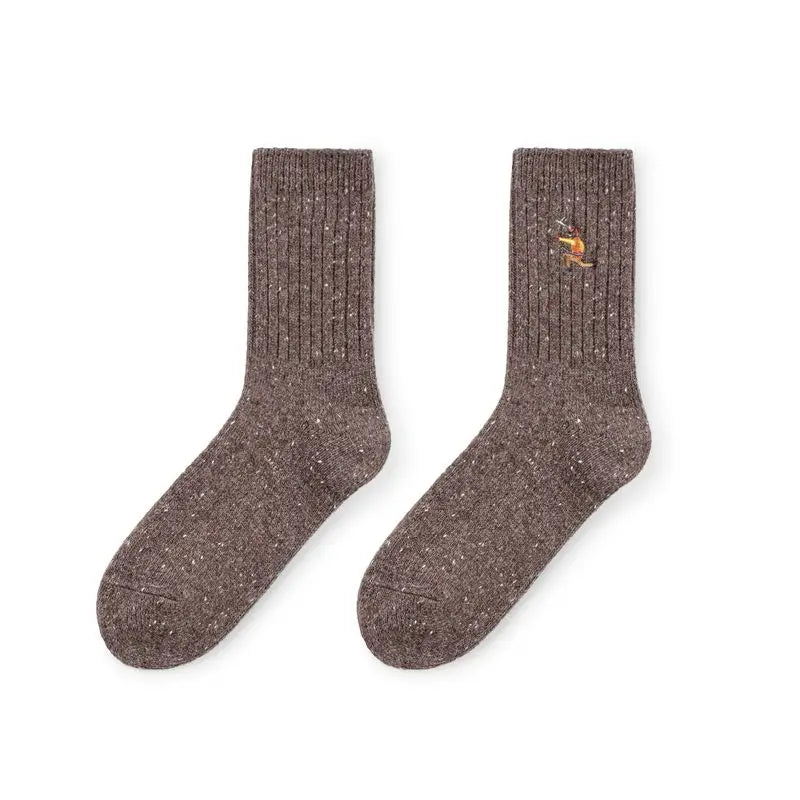 Maden 3Pairs Men‘s Wool Blend Mid-Calf Socks Heather Effect Vintage Embroidered Warm Socks Ribbed Knit Sock for Autumn Winter