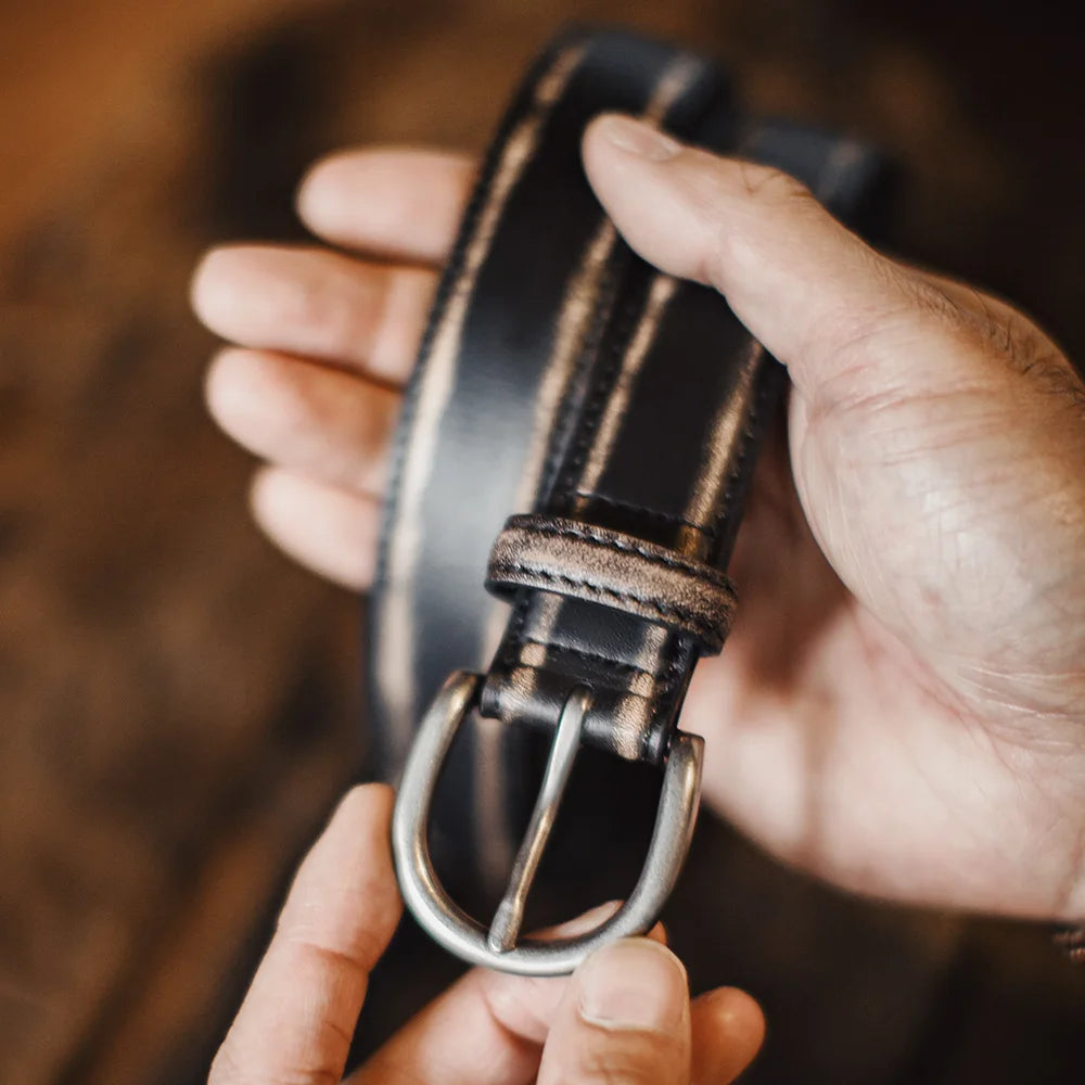 Maden Men's Vintage Black Leather Belt Full-Grain Vegetable-Tanned Cowhide Belt Antique Burnished Finish Single Prong Jeans Belt