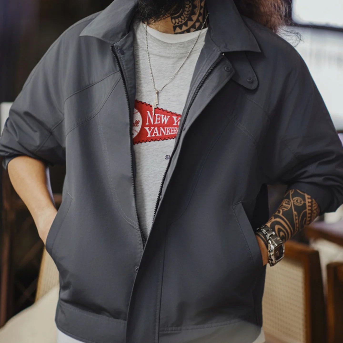 Maden Men's Vintage Outdoor Waterproof Jacket Windproof with Stand Collar Zip Front Lightweight Sporty Coat for Spring Autumn