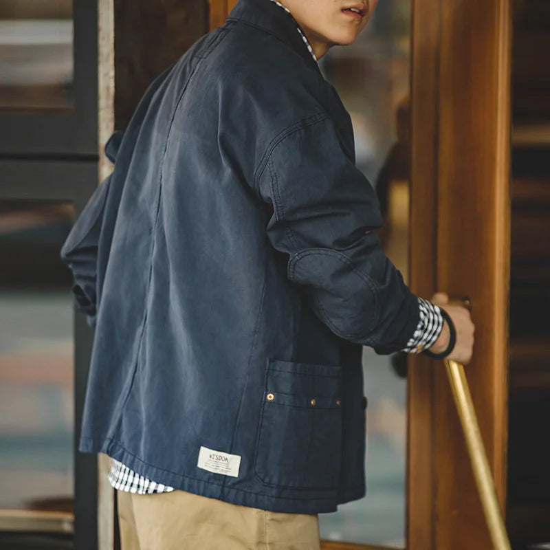 Maden Retro French Jacket Multi-Pocket Lapel Navy Heavyweight Single-breasted Hunting Coat for Men's Spring and Autumn Tops