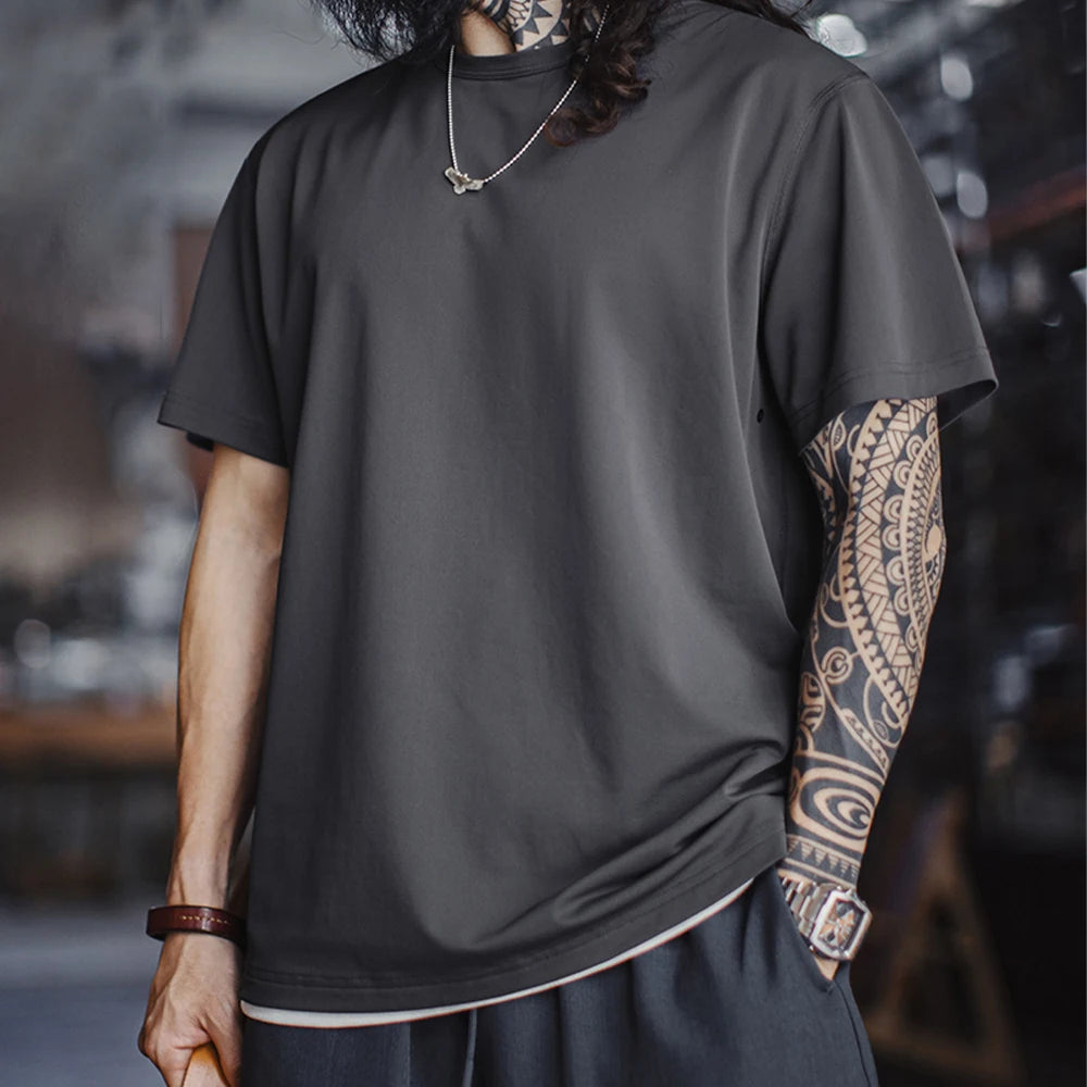 Maden Men's Cooling Quick-Dry Short-sleeved T-Shirt High Elastic Solid Color Crew Neck Relaxed Fit Sports & Casual Summer Top