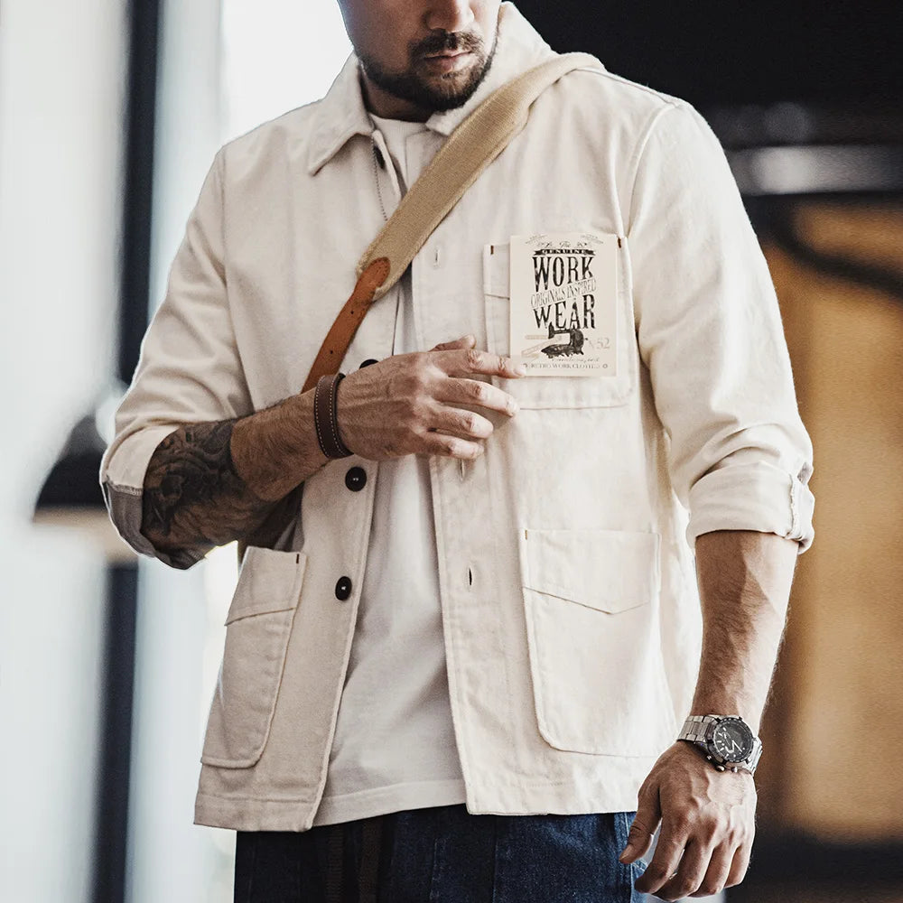 Maden Retro Heavyweight Cotton Jacket with Twill Lapel Sleeves Corduroy Splicing Design Single-Breasted Coat for Men's Autumn