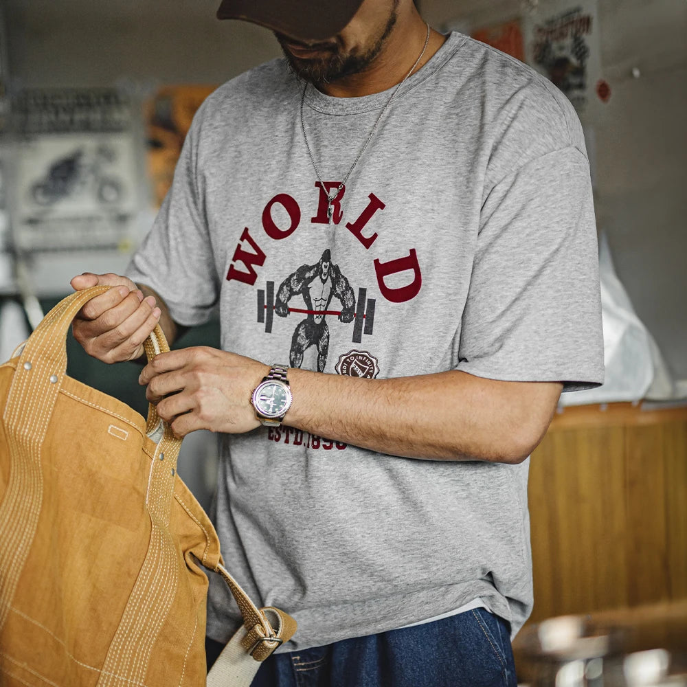 Maden New Vintage Flocked Print Short Sleeve T-Shirt Men's Summer Heavyweight Cotton Gray Tee Casual Knit Crew Neck Street Tops