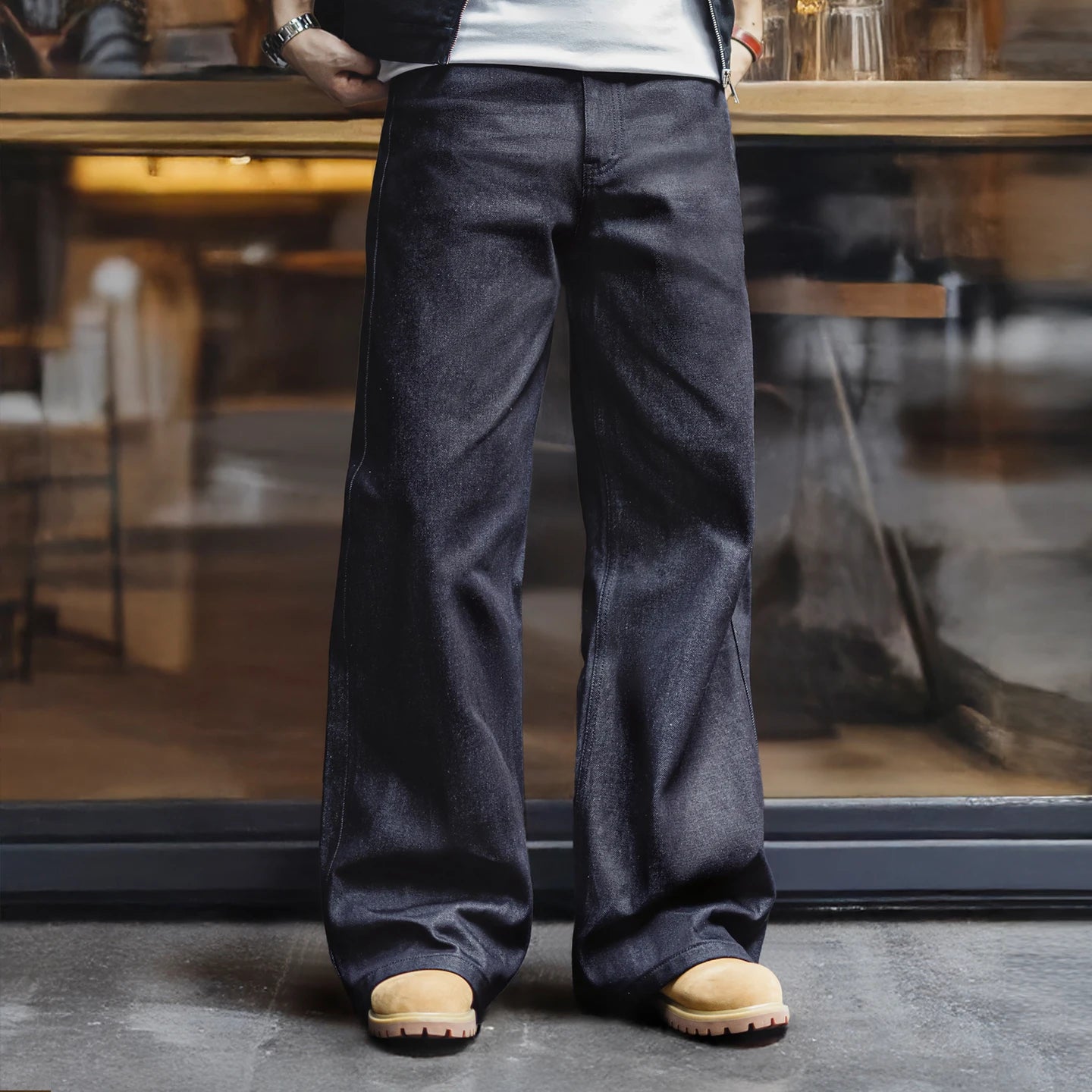 Maden Vintage 15.6oz Selvedge Raw Denim Jeans Heavyweight Blue Loose Fit Wide-Leg Jeans Zip Fly Cotton Trousers for Spring Fall