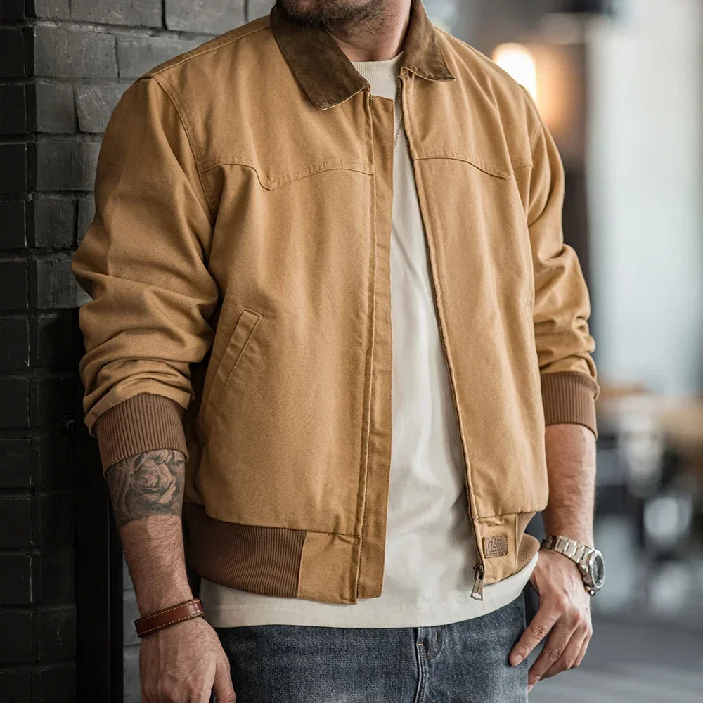 Maden Retro Heavyweight Santafe Canvas Jackets Cotton Corduroy Lapel Ribbed Hem Cuffs Short Jacket for Men's Autumn Overcoat