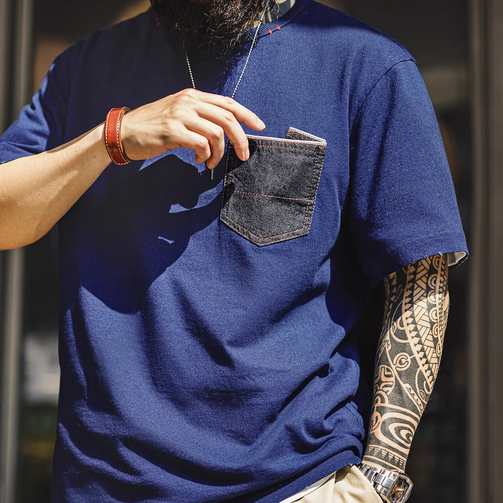 Maden Vintage Indigo Dyed Denim Pocket Patchwork T-Shirt Men's Heavyweight Cotton Short Sleeves Tee Breathable Crew Neck Tops