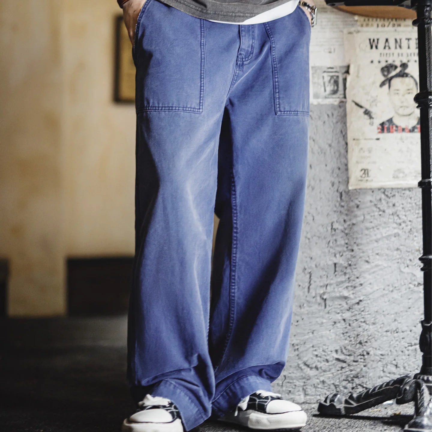 Maden Men‘s Vintage Washed Denim Jeans Blue Cotton Canvas Workwear Zipper Pants Loose Fit Casual Trousers for Spring and Autum