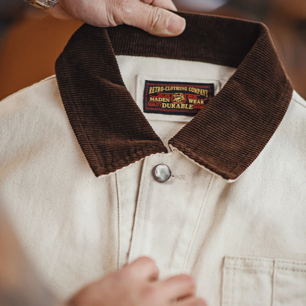 Maden Men's Retro French J22 Jacket Heavyweight White Cottonseed Shell Safari Coat Corduroy Collar Spring/Fall Hunting Outerwear