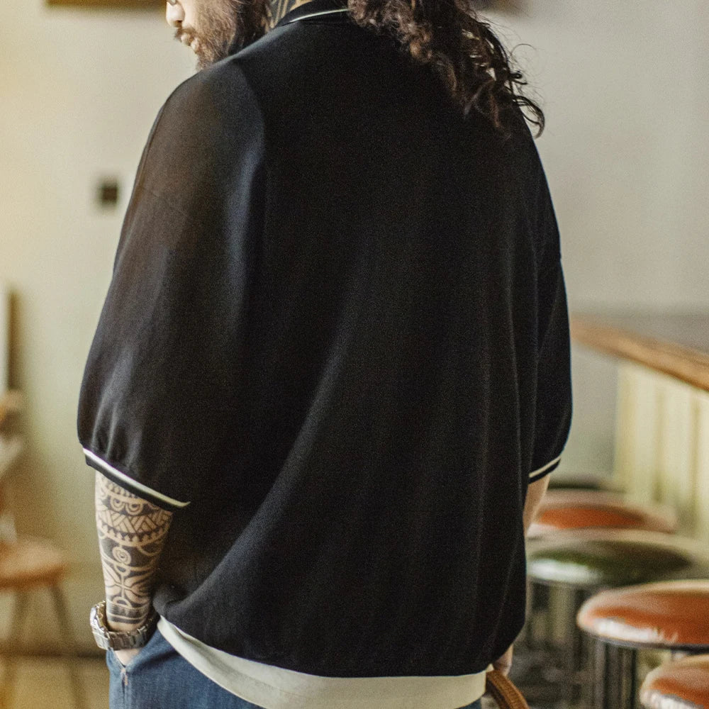 Maden Casual Color-Block Striped Short Sleeve Polo Shirt Men's Summer Black Tee Loose Fit Business Tee Breathable Office Tops