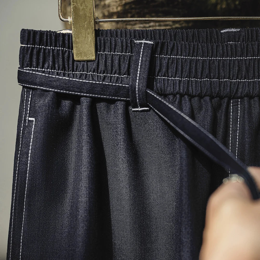 Maden Vintage Draped Non-Iron Black Denim Jeans Men's Spring Casual Drawstring Elastic Waist Loose Trousers Straight Leg Pants