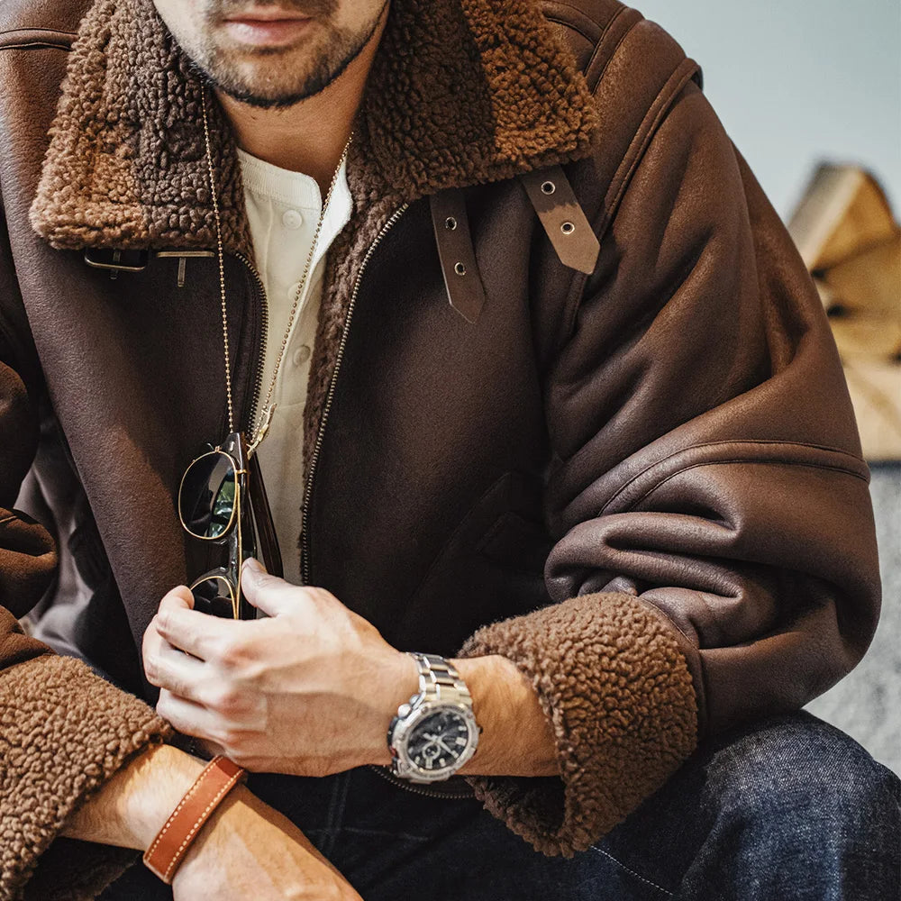 Maden Vintage B3 Bomber Jacket Faux Leather Jacket Fleece-lined Thickened Warm Motorcycle Solid-color Outerwear for Men's Winter