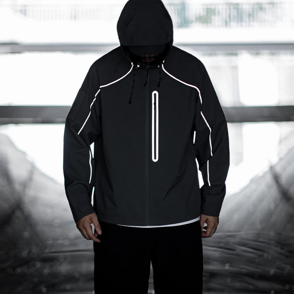 Maden Casual Functional Reflective Jacket Outdoor Wear-resistant Hooded Zipper Coat Waterproof Hiking Jacket for Men's Autumn