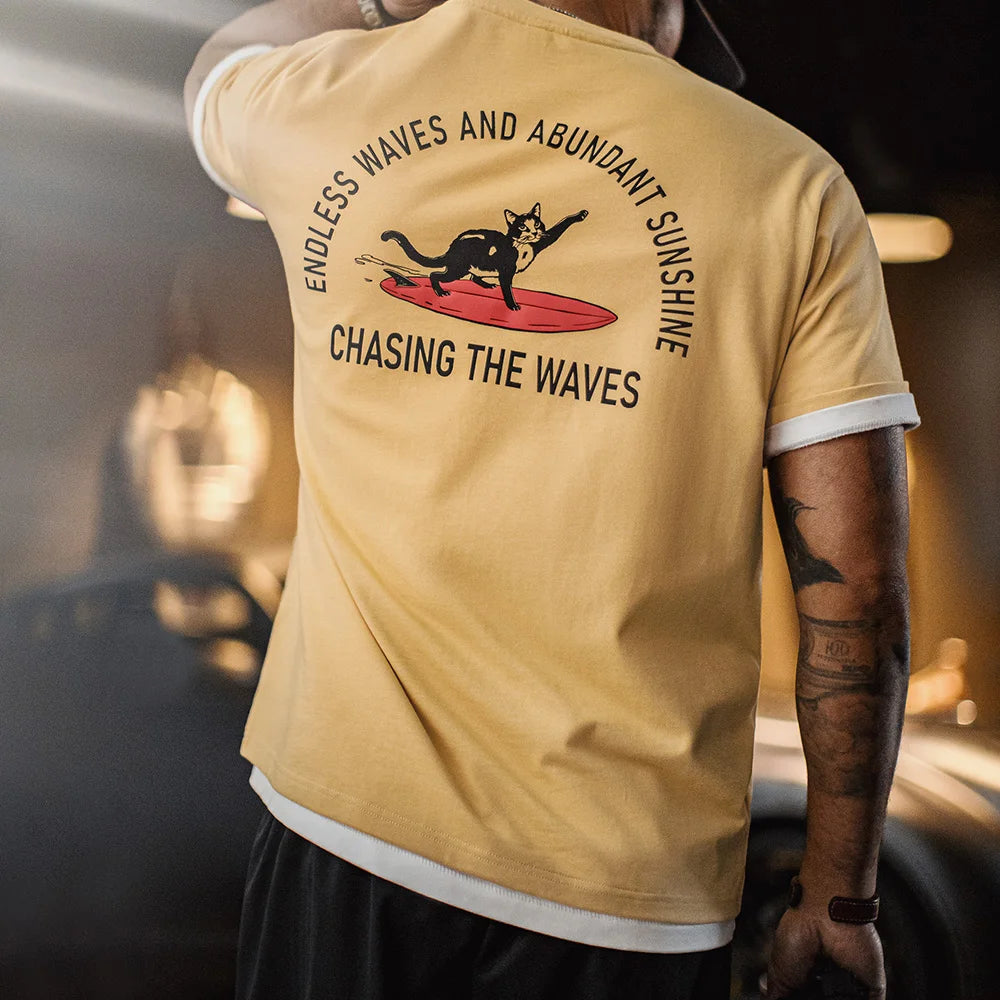 Maden Vintage Foam Print Short Sleeves T-Shirt Men's Summer Heavyweight Yellow Cotton Tee Loose Fit Crew Neck Casual Street Tops