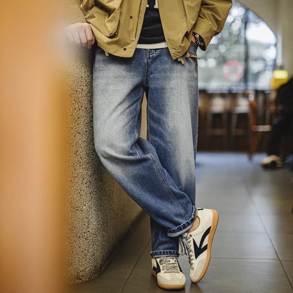 Maden Men's 12.6oz Washed Denim Jeans Large-Size Straight Cotton Jeans with Retro Cat Whiskers Jeans for Spring Versatile Pants