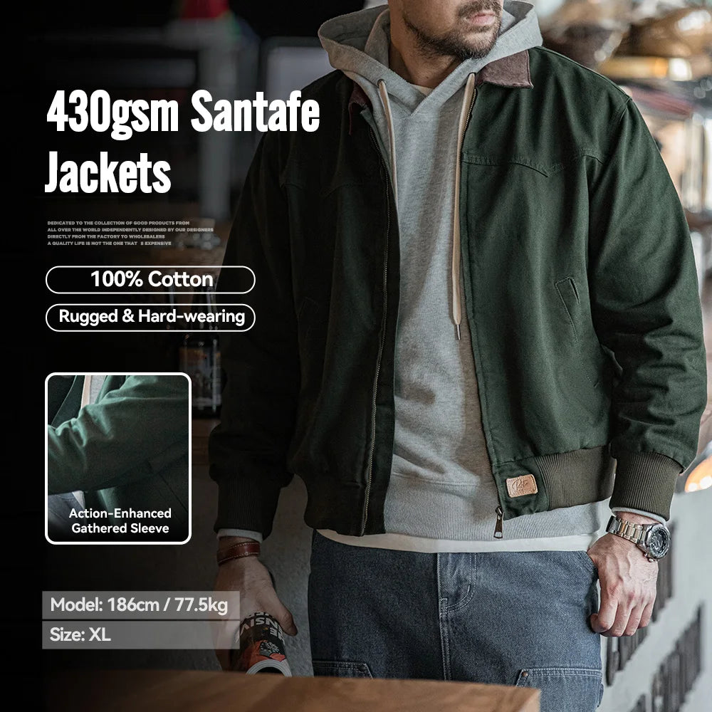 Maden Retro Heavyweight Santafe Canvas Jackets Cotton Corduroy Lapel Ribbed Hem Cuffs Short Jacket for Men's Autumn Overcoat