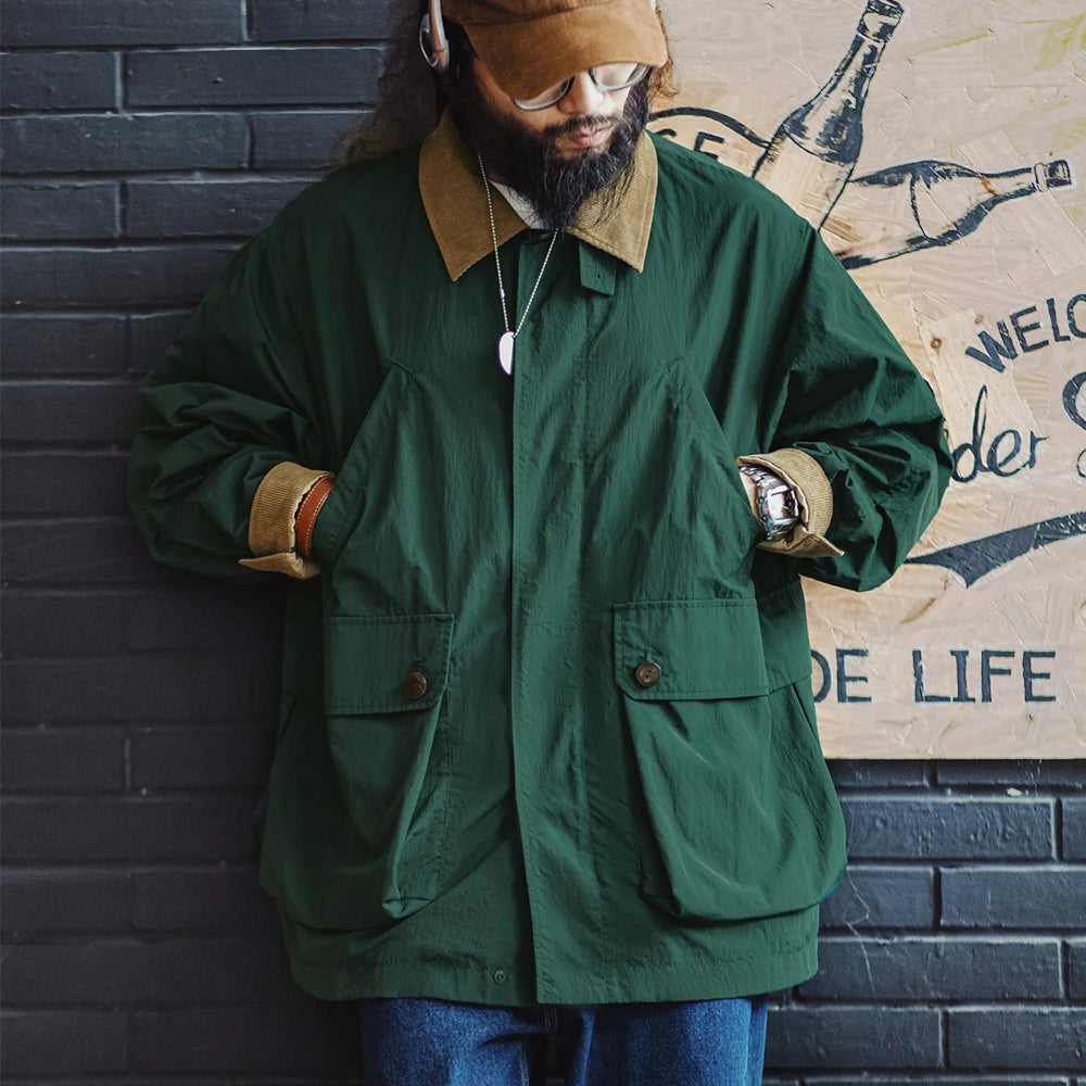 Maden Men's Retro Multi-pocket Safari Jacket Green Loose Corduroy Lapel Classic Coat Versatile Outerwear for Spring and Autumn