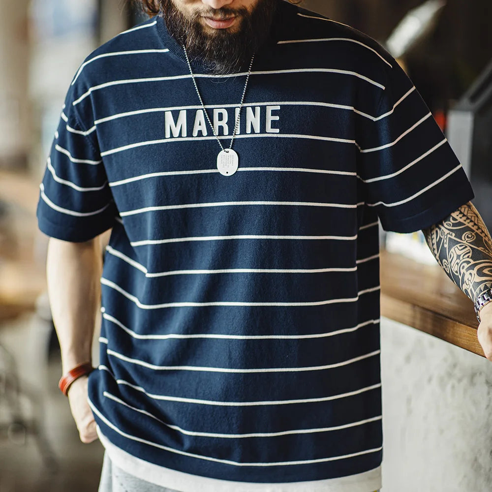 Maden Retro Contrast Striped Short-sleeved T-shirt with Letter Printed Breathable Shirt for Men's Summer Large Size Tops