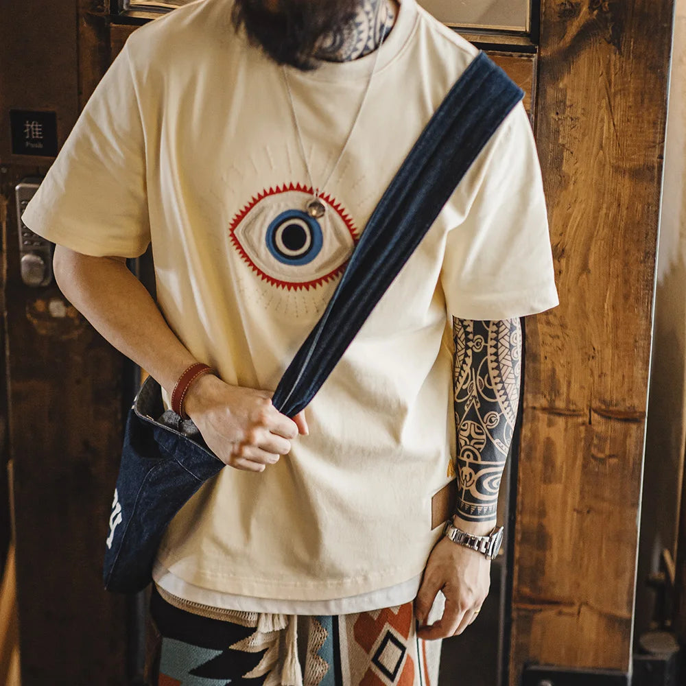 Maden Retro Guardian Eye Embroidered T-shirt with Ribbed Crew Neck 300g/m² Heavy Cotton Short-sleeved Tee for Men's Summer Top