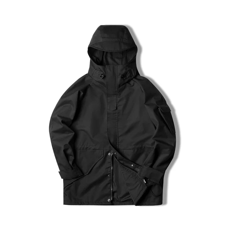 Maden Outdoor Sports Hooded Jacket for Men Black Windbreaker Motorcycle Style Mid-length with Multi-pockets Coat for Autumn
