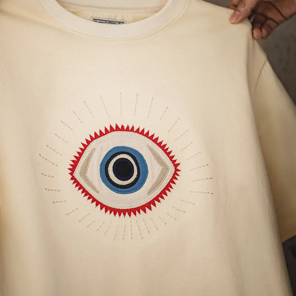 Maden Retro Guardian Eye Embroidered T-shirt with Ribbed Crew Neck 300g/m² Heavy Cotton Short-sleeved Tee for Men's Summer Top