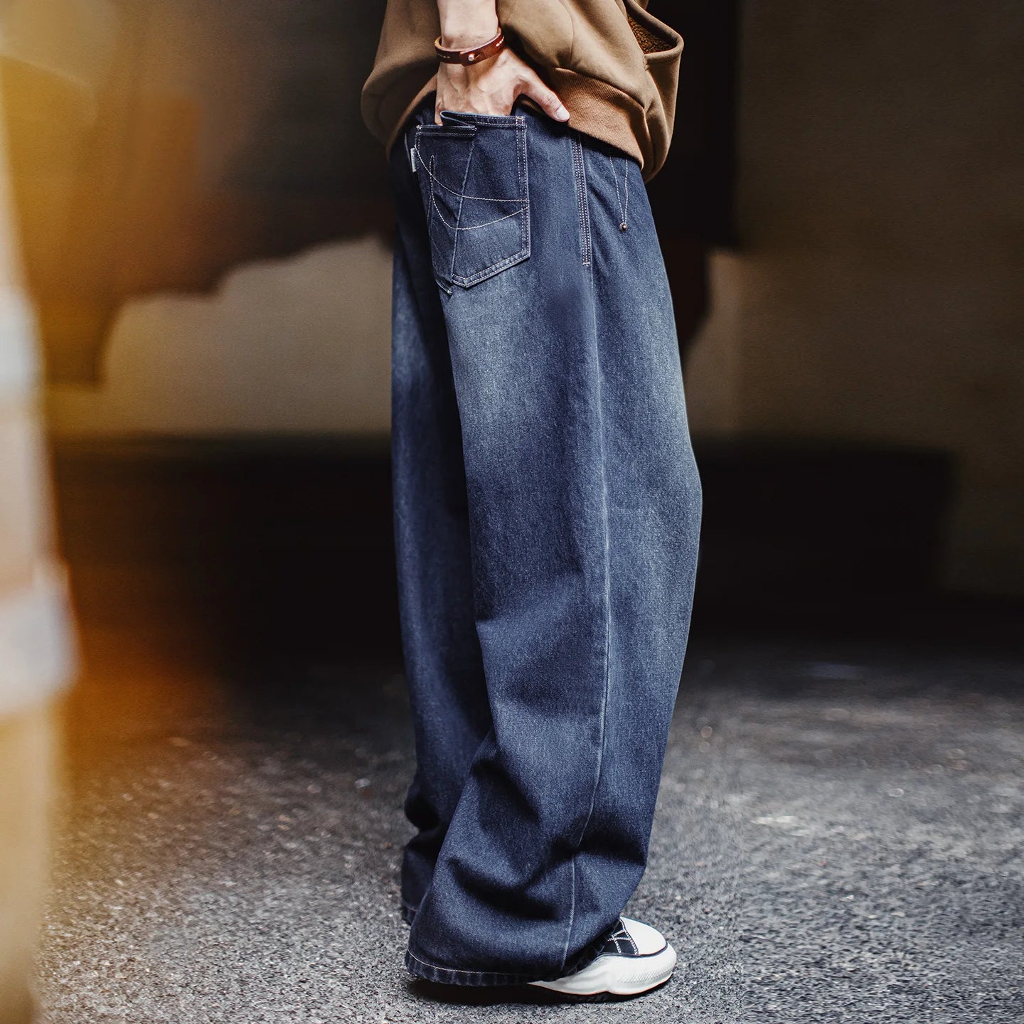 Maden Vintage Men's 13.9oz Baggy Jeans Washed Blue Wide-Leg Denim Pants Zip Fly Casual Trousers with Draped Hem for Fall Winter