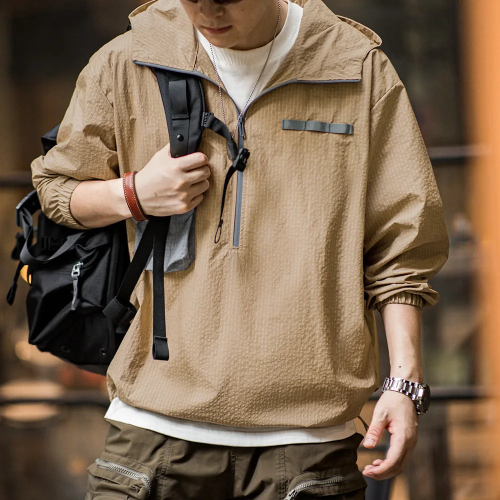 Maden Outdoor Half-Zip Pullover Sweatshirt Jacket Loose Fit Plaid Color Block Lightweight Hoodie with Pocket Men's Autumn Top