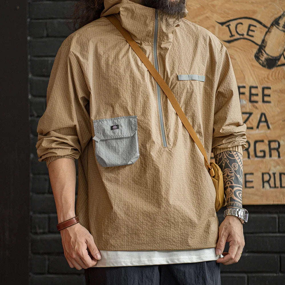 Maden Outdoor Half-Zip Pullover Sweatshirt Jacket Loose Fit Plaid Color Block Lightweight Hoodie with Pocket Men's Autumn Top