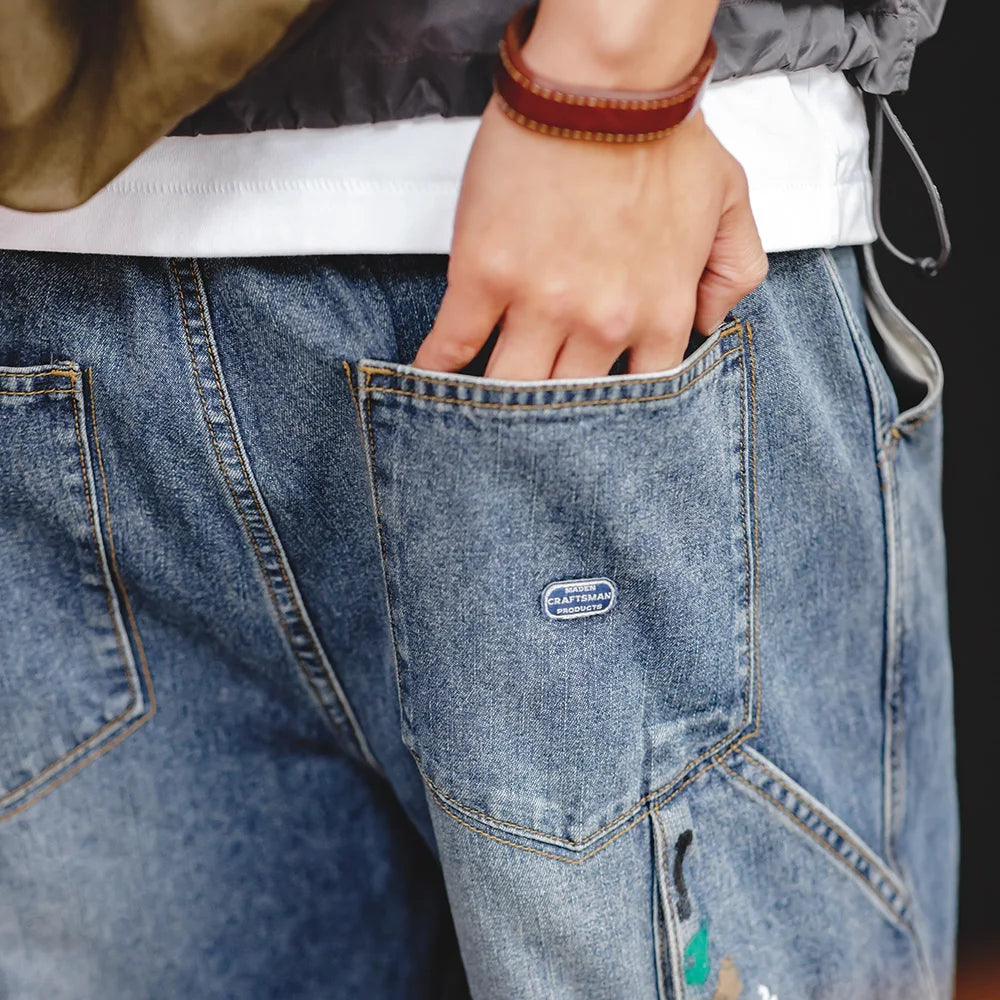 Maden Mens Vintage Ink Graffiti Jeans 9.2OZ Light Blue Wash Straight Pants Hombre Personalized Do Old Casual Jeans Elastic Waist