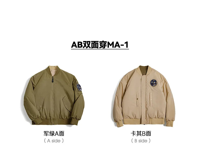 Maden Reversible MA-1 Flight Jackets for Men Baseball Collar Small Square Texture Fall and Winter Thickened Coats Cotton Jacket