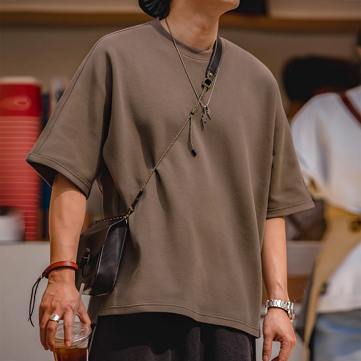 Maden Solid Color Cotton T-shirts for Men Summer Loose Heavyweight Vintage Brethable Short-sleeved Tee Trendy Gray Tops O-Neck